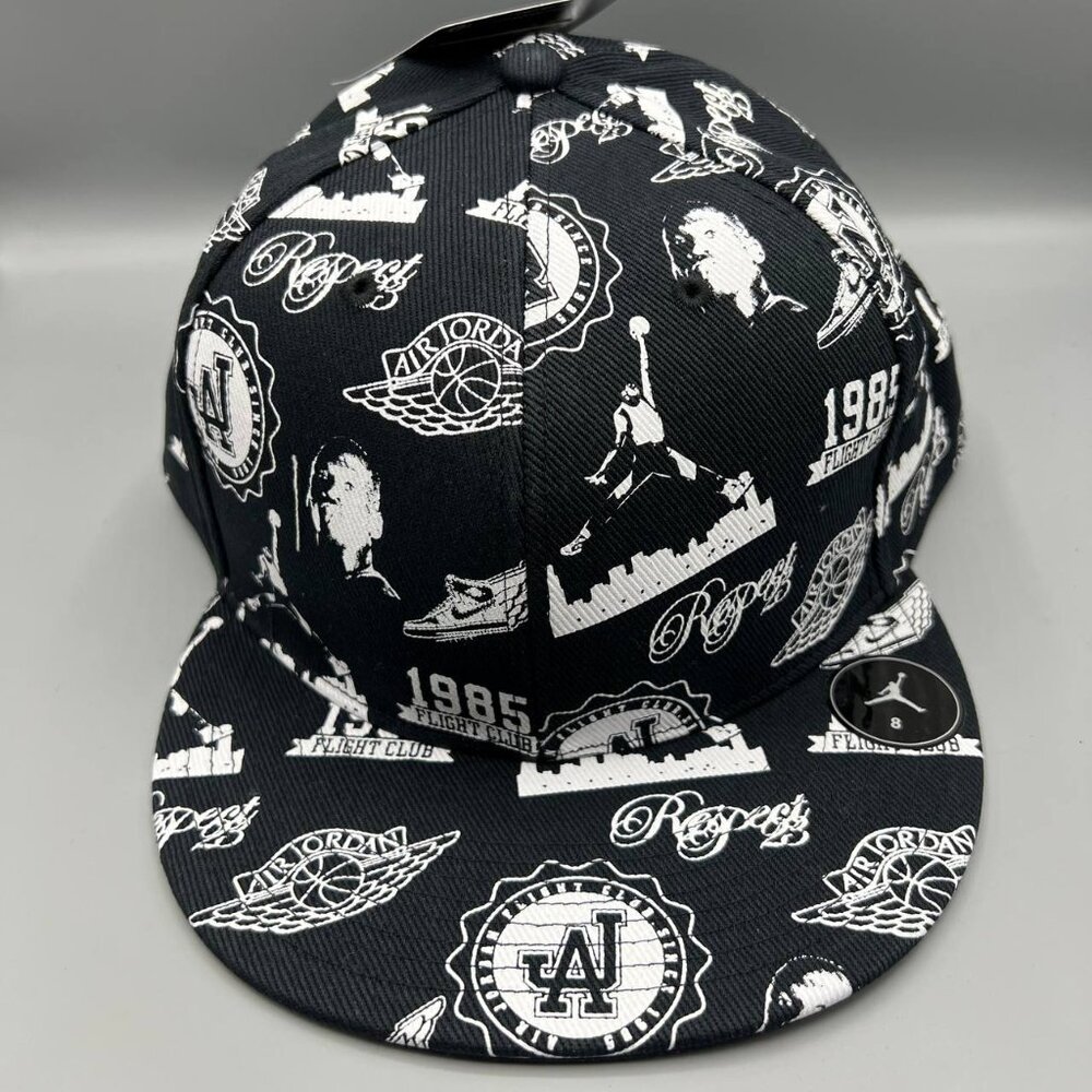 Air Jordan Flight Hat Men 8 Black All Over Print Jumpman Fitted Cap‎ New
